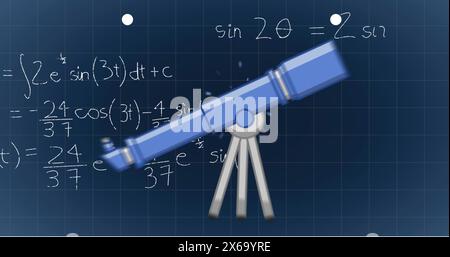 Abbildung mathematischer Gleichungen über dem Teleskopsymbol auf dem Gitternetz vor blauem Hintergrund Stockfoto