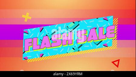 Bild des Flash-Verkaufstextes über Hintergrund mit leuchtendem Retro-Muster Stockfoto