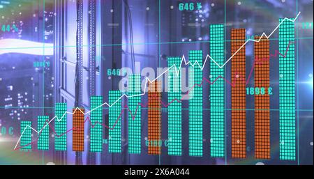 Abbildung mehrerer Diagramme und Währungszeichen mit wechselnden Zahlen über Daten-Server-Racks Stockfoto