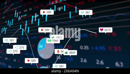 Bild von Social-Media-Symbolen, die sich gegen statistische Daten und die Verarbeitung von Börsendaten richten Stockfoto