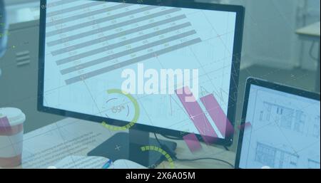 Bild einer mehrfarbigen Infografik-Schnittstelle über kaukasischer Frau, die im Büro im Notizblock schreibt Stockfoto