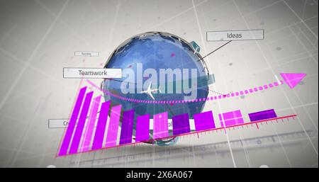 Bild des Pfeils auf Diagramm mit Text in Rechtecken und fliegenden Flugzeugen um den Globus Stockfoto