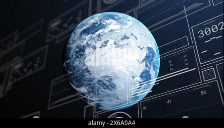 Abbildung von Diagrammen, wechselnden Zahlen, Laden von Kreisen und Balken über den Globus auf abstraktem Hintergrund Stockfoto