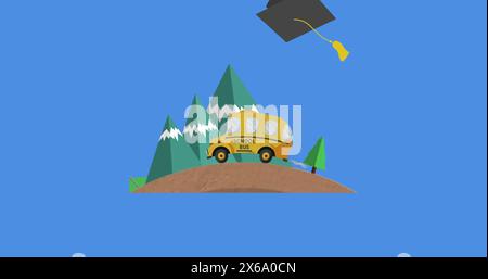 Digitales Bild der Abschlusshut-Symbole, die über das Schulbus-Symbol fallen, vor blauem Hintergrund Stockfoto