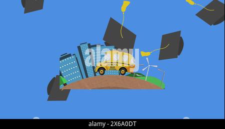 Digitales Bild der Abschlusshut-Symbole, die über das Schulbus-Symbol fallen, vor blauem Hintergrund Stockfoto