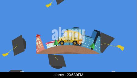 Digitales Bild der Abschlusshut-Symbole, die über das Schulbus-Symbol fallen, vor blauem Hintergrund Stockfoto