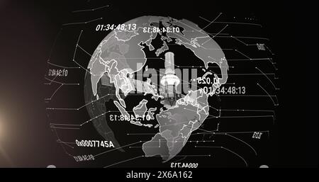 Bild des Satelliten über dem Globus und der Zahlenverarbeitung auf schwarzem Hintergrund Stockfoto