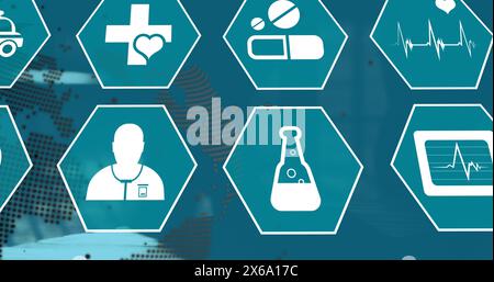 Bild medizinischer Symbole auf der ganzen Welt und Datenverarbeitung Stockfoto