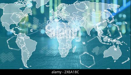 Abbildung von Diagrammen und chemischen Formeln auf Weltkarte und grünem Hintergrund Stockfoto