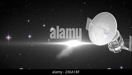 Bild eines Satelliten über leuchtenden Sternen auf schwarzem Hintergrund Stockfoto Bild eines Satelliten über leuchtenden Sternen auf schwarzem Hintergrund Stockfoto