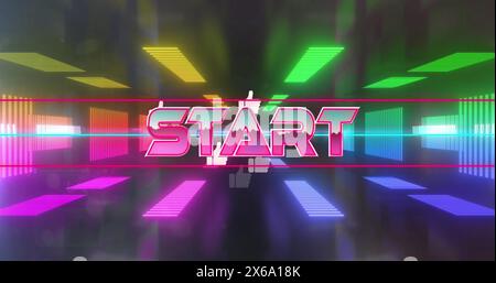 Bild des Starttext-Banners über dem Neon-Tunnel in nahtlosem Muster vor schwarzem Hintergrund Stockfoto