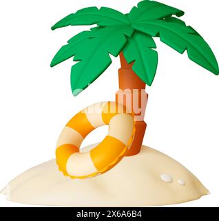 Palme und aufblasbarer Ring 3D-Konzept. Rendern Sie Strandelement, exotische Ozeanreise Urlaub. Schwimmen und Sonnenbaden, realistisches Vektordesign Stock Vektor