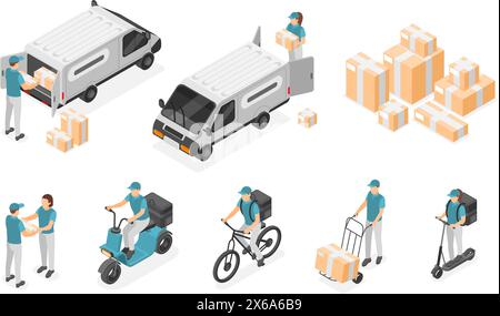 Isometrische Kuriere. Zeichen und Transport des Zustelldienstes. Kurierdienst mit Paket- und Pappkartons. Lastwagen, Logistikarbeiter makelloser Vektor Stock Vektor