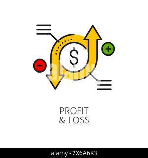 Das Farbliniensymbol für Gewinn und Verlust enthält rotierende Kreispfeile, die Finanzwachstum oder -Rückgang symbolisieren, Dollarzeichen sowie Plus- und Minussaldo, die Finanzergebnisse und die Leistungsanalyse darstellen Stock Vektor