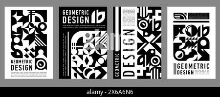 Einfarbige Geschäftsposter mit abstraktem, modernen geometrischen Muster. Vektorhintergründe oder Präsentationsvorlagen mit minimalen Formen. Vintage schwarz-weiß Layouts oder Abdeckungen mit primitiven Elementen Stock Vektor