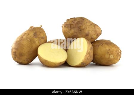 Gruppe frischer Frühkartoffeln mit hellbrauner Haut und dunkelbraunen Flecken auf weißem Hintergrund, eine Kartoffel in Teilung zeigt ihr Gelb Stockfoto