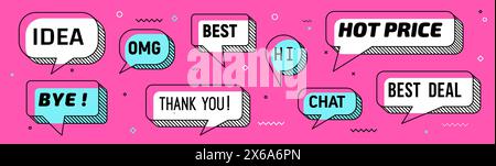 Memphis-Sprachblasen und Nachrichtenwolken mit Text und dünnen Vektorrahmen. Nachrichtenblasen zum Verkauf heißer Preis und Bestes Angebot, OMG und Hi oder Thank und Idea Speech Clouds im Memphis-Stil Stock Vektor