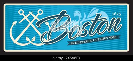 Boston american City Travel Plate, gekreuzte Anker, Retro-Reiseziel. US-amerikanische Stadtpostkarte, Zinnschild oder Vektoraufkleber für die USA, Siscut Patribus Sit deus nobis Stock Vektor