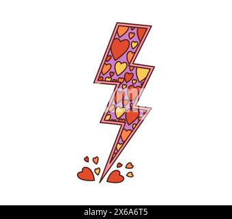 Cartoon Retro-groovige Hippie lieben Blitz, Valentinstag-Flash-Symbol. Isolierte elektrische Zickzack-Bolzenform des Vektors, verziert mit bunten Herzmustern, im alten nostalgischen Stil Stock Vektor