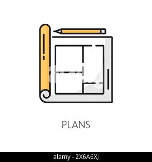 Immobilienversicherung, Wohnungsmiete, Haushypothekenlinie Symbol. Lineares Piktogramm für Immobilien, Wohnungsversicherung oder Hausvermietungsservice umrissen Vektorsymbol oder Icon mit Bauplan Stock Vektor