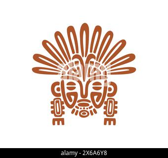 Azteken- und Maya-Totemmaske, Stammessymbol der Maya und Inka-Häuptlinge, Vektor-Ethno-Tattoo. Altes mexikanisches, aztekisches und Maya-historisches Symbol des Stammeshäuptlings oder religiöse Gottheit in ritueller Maske Stock Vektor