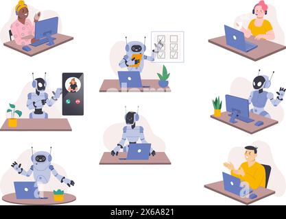 Chatbot-Kundendienst. Roboter und Mitarbeiter, die gemeinsam im Büro arbeiten. Android im Callcenter unterstützt Client, prächtige Vektor-Cartoon-Szenen Stock Vektor