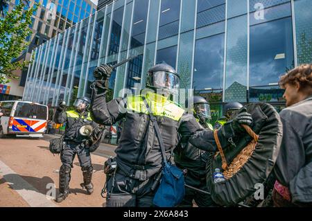 Polizeibeamte verwenden Schlagstöcke mit Gewalt, um Studenten-Demonstranten außerhalb des Universitätsgeländes während der Kundgebung zu zerstreuen. Studentenprotestierende und ihre Unterstützer besetzten kurzzeitig die Universität Amsterdam auf dem Campus Roeterseiland im Zentrum von Amsterdam, die Polizei setzte extrem harte Gewalt ein, um die große Studentenschaft zu zerstreuen. Die Demonstranten wollen, dass die Universität alle Verbindungen zu israelischen Institutionen abbaut, um das Volk des Gazastreifens und den anhaltenden Völkermord an seinem Volk durch die israelische Verteidigungsstreitkräfte (IDF) zu unterstützen. (Foto: Charles M Vella/SOPA Images/SIPA USA) Stockfoto