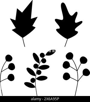 Abstrakte Silhouette Beerenzweige, Zweige und Blätter im minimalistischen Stil Set aus 5 LogoIcon Concept Isolate EPS Vector Pointer Karten, Poster, Banner Broschüren oder Preisschilder, Etiketten- oder Webdesign-Idee Stock Vektor