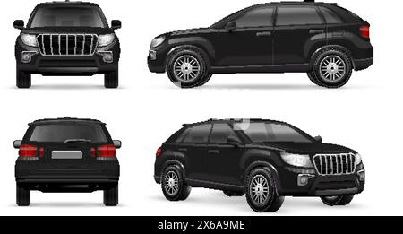 Realistischer schwarzer suv. 3d rover Auto, 4x4 Automobil Modell Seite Rückansicht neues Crossover Konzept, moderne Luxus Auto Autos Sport Antrieb Projektvorlage, heute Vektor Illustration des Automobilautos Stock Vektor