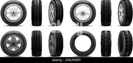 Realistische Reifen. 3D-Reifen Winter- oder Sommer-Autoräder, Gummireifen mit Legierungsscheibe isolierter neuer Reifen machen Automobilservice-Verbraucheranzeigen, LKW-Rad heutzutage Vektor-Illustration des Gummireifens Stock Vektor