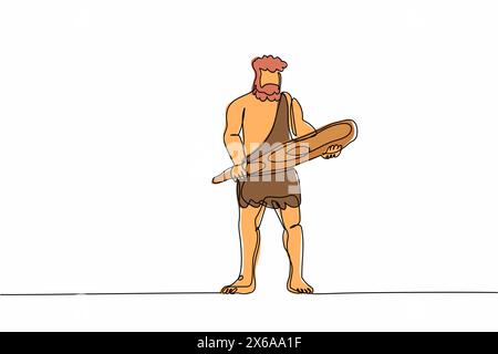 Durchgehende einzeilige Zeichnung eines alten Höhlenmenschen mit einem großen Holzknüppel oder Knüppel. Prähistorischer bärtiger Mann in Tierfell gekleidet. Neandertaler Jäger. Sünde Stock Vektor