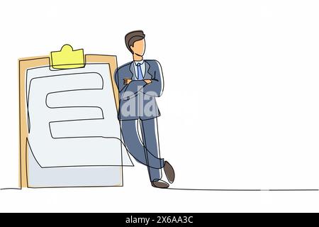 Durchgehende, einzeilige Linie, die einen entspannten Geschäftsmann im Stehen und sich gegen die Zwischenablage beugt. Checkliste erfolgreich abgeschlossen. Erfüllte Aufgabe. Job beendet. S Stock Vektor