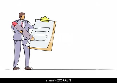 Durchgehende einzeilige Zeichnung Geschäftsmann stehend und hält Klemmbrett mit Checkliste. Plan für Geschäftserfolg abgeschlossen. Zielerreichungskonzept. Sünde Stock Vektor
