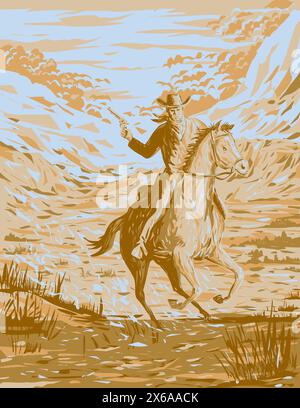 WPA-Poster-Kunst eines Viehzüchters, Cowboys, Kuhhhirten, Cowmans, Cowpoke oder Cowpuncher reiten Pferd mit Pistole in den Ebenen des Wilden Westamerikas Stock Vektor