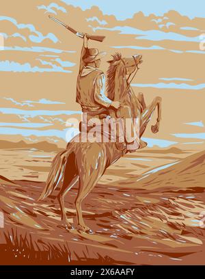 WPA-Poster-Kunst eines Viehzüchters, Cowboys, Kuhhhirten, Cowmans, Cowpoke oder Cowpuncher reiten auf einem Reitpferd mit Gewehr in den Ebenen von Wild West of Stock Vektor