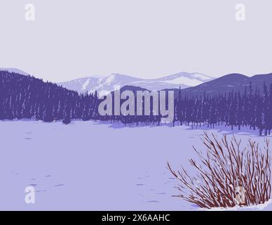 WPA-Plakatkunst von Echo Lake im Winter mit Mount Blue Sky in der Nähe von Idaho Springs in den Rocky Mountains, Colorado, USA in Werken von PR Stock Vektor