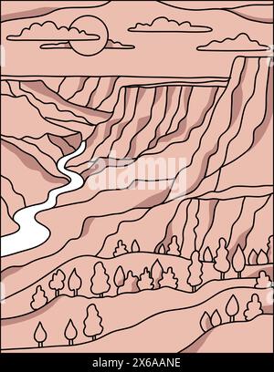 Mono-line-Illustration des Grand Canyon, der vom Colorado River in Arizona, USA, geschnitzt wurde. Hergestellt im Stil von Monoline Line Art. Stock Vektor
