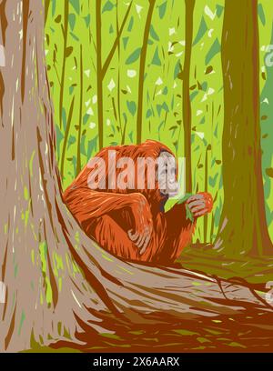 Art Deco- oder WPA-Poster eines Orang-Utans im Wald des Kutai-Nationalparks in Ost-Kalimantan auf indonesischem Borneo, das in Arbeiten Projekt admi erstellt wurde Stock Vektor