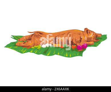 Art Deco- oder WPA-Poster Kunst eines Lechons, Little oder gerösteten Spanferkels auf isoliertem Hintergrund im Projektverwaltungsstil von Works. Stock Vektor