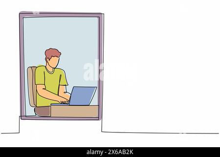Einzelner Mann mit durchgehender Linienzeichnung, der von zu Hause aus in der Nähe des Fensters arbeitet. Geschäftsmann sitzt am Schreibtisch und benutzt Laptop. Projektmanagement. Fernarbeit oder Wohnort Stock Vektor