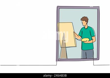 Einzeiliger Zeichner Maler, der in der Nähe des Fensters zeichnet. Mann hält Pinsel und Palette, skizziert auf Leinwand. Künstlermalerei zu Hause. Co Stock Vektor