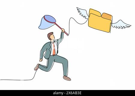 Ein einzelner Geschäftsmann mit durchgehender Linienzeichnung versucht, fliegende Ordner mit Schmetterlingsnetz zu fangen. Analyse und Recherche von Papierdokumenten und -Akten in Büchern Stock Vektor