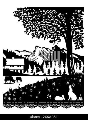 Schweizer Scherenschnitte oder Scheren schneiden die Silhouette einer Kuh und eines Kaninchens in einem Dorf im Naturpark Diemtigtal in Bern, Schweiz. Stock Vektor
