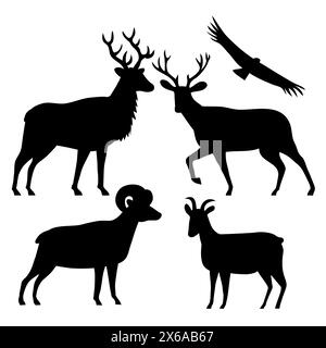 Stencil-Illustration der Silhouette der amerikanischen Tierwelt eines Elchs oder Wapiti, Maultierhirsche, männliche und weibliche Dickhornschafe und kalifornische Kondor auf Isolat Stock Vektor