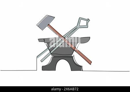 Durchgehende einzeilige Zeichnung Symbol für Schmiedewerkzeuge. Kreuzhammer, Zange, Amboss. Bastelkonzept und Metallbearbeitungskonzept für Embleme oder Etikettenvorlagen. Einfach Stock Vektor