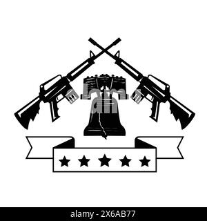 Illustration im Retro-Stil eines überkreuzten AR15-Sturmgewehres mit der Liberty Bell oder Old State House Bell und Bandrolle mit 5 Sternen auf isolierter Rückseite Stock Vektor