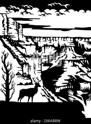 Schweizer Scherenschnitte oder Scheren Schnitt Illustration der Silhouette eines Elchs am Südrand des Grand Canyon National Park in der Nähe von Tusayan, Arizona, United St Stock Vektor