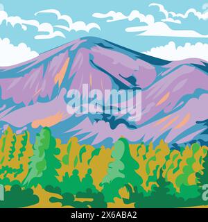 WPA-Plakatkunst einer Bergkette mit Bäumen im Vordergrund in Arbeiten Projektverwaltung oder Bundeskunstprojektstil. Stock Vektor