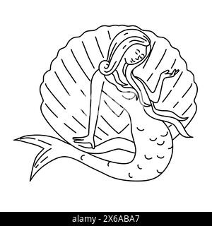 Mono-Line-Illustration einer Meerjungfrau oder Sirene mit langen, fließenden Haaren, die auf Muschelschale sitzen, von vorne gesehen, im Monoline-Line-Art-Stil. Stock Vektor