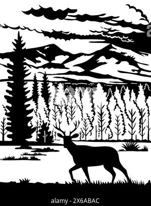 Schweizer Scherenschnitte oder Scheren schneiden Illustration der Silhouette eines Maultierhirsches in den Capitan Mountains im Lincoln County, New Mexico, USA Stock Vektor